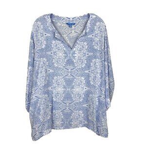 Blue Ginger Womens XL Tunic Top Rayon Lightweight Blue White Tropical Coverup